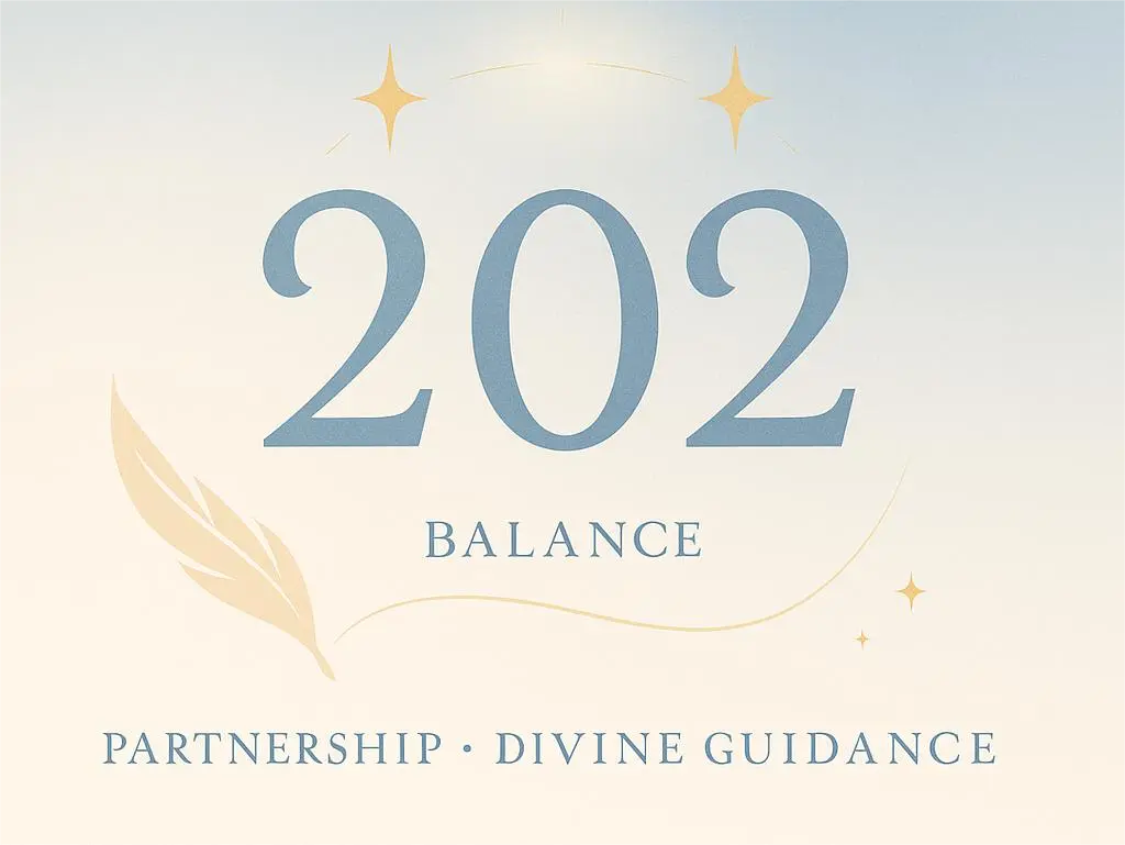 Blue-gray 202 Angel Number cover with golden stars, feather, and the words “Balance · Partnership · Divine Guidance” on a soft gradient background.