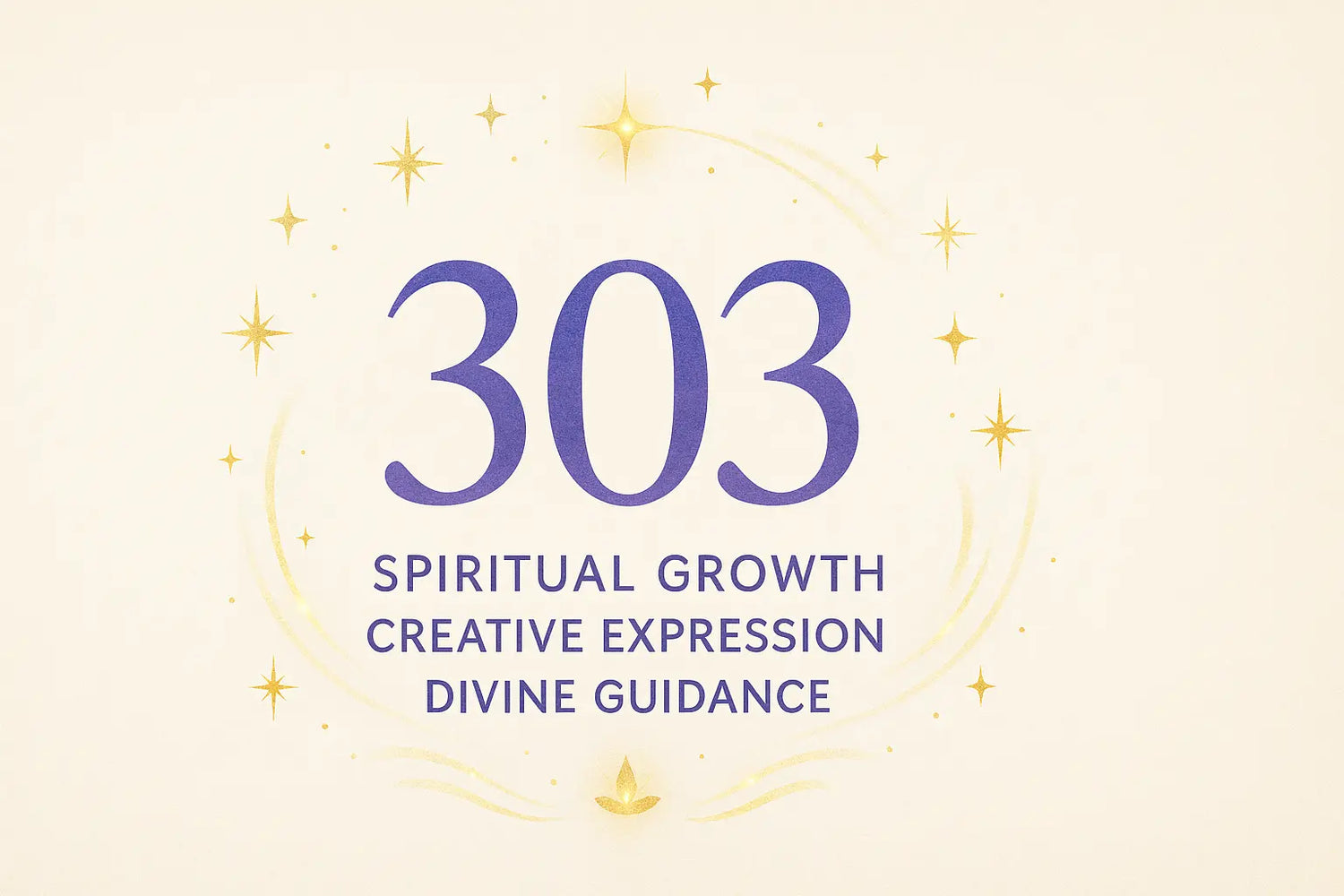 Beige background with "303" in bold purple, golden stars and lines around it, and the subtitle "SPIRITUAL GROWTH · CREATIVE EXPRESSION · DIVINE GUIDANCE" below.