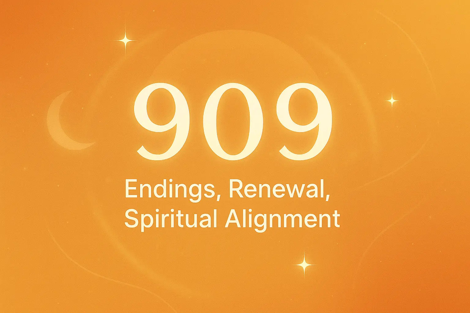 909 Angel Number Meaning cover image with the words “Endings, Renewal, Spiritual Alignment” on a bright orange background with stars, a crescent moon, and subtle circular patterns.
