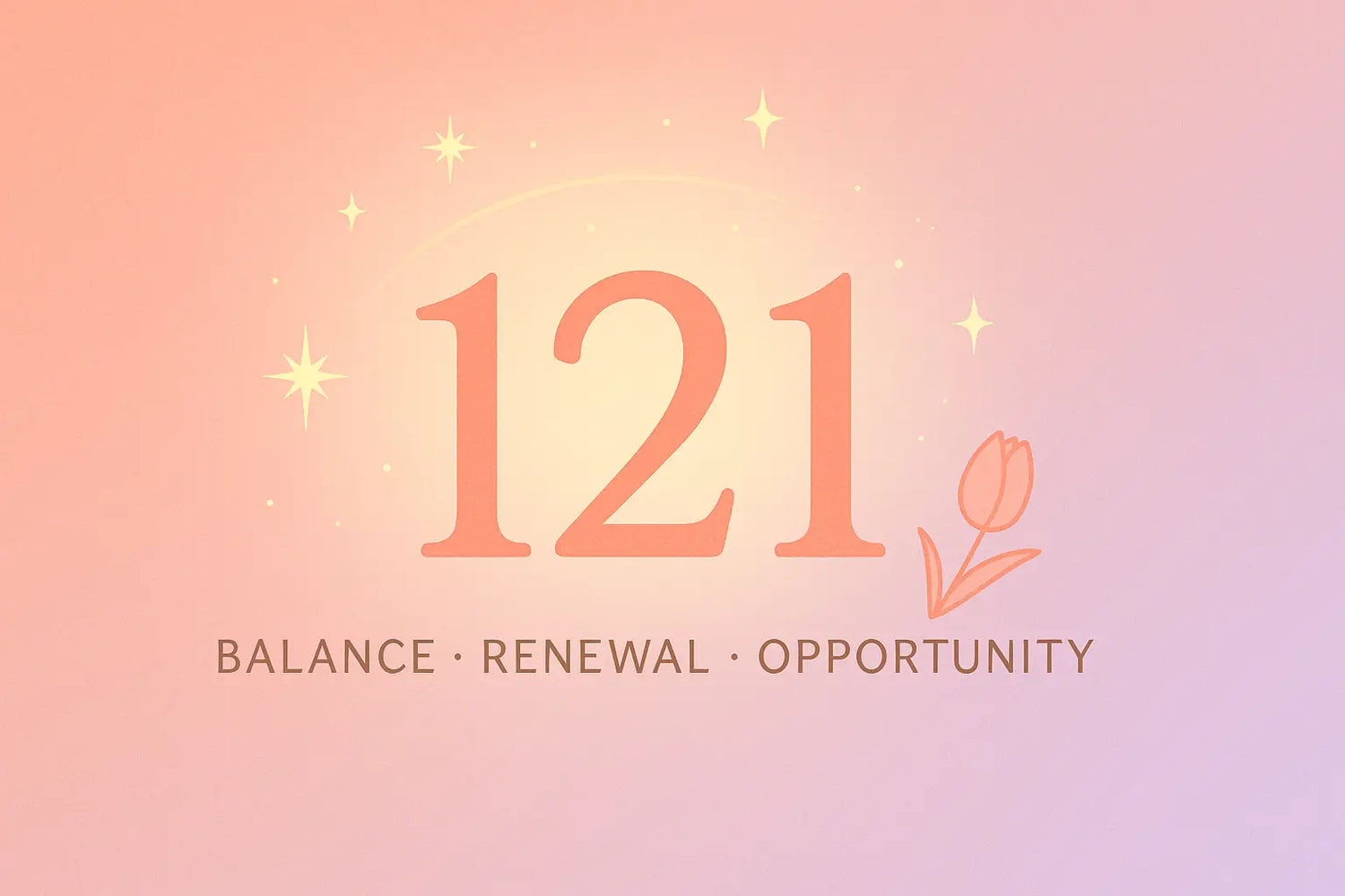 Coral 121 Angel Number cover with stars, a tulip bud, and the words “Balance · Renewal · Opportunity”.