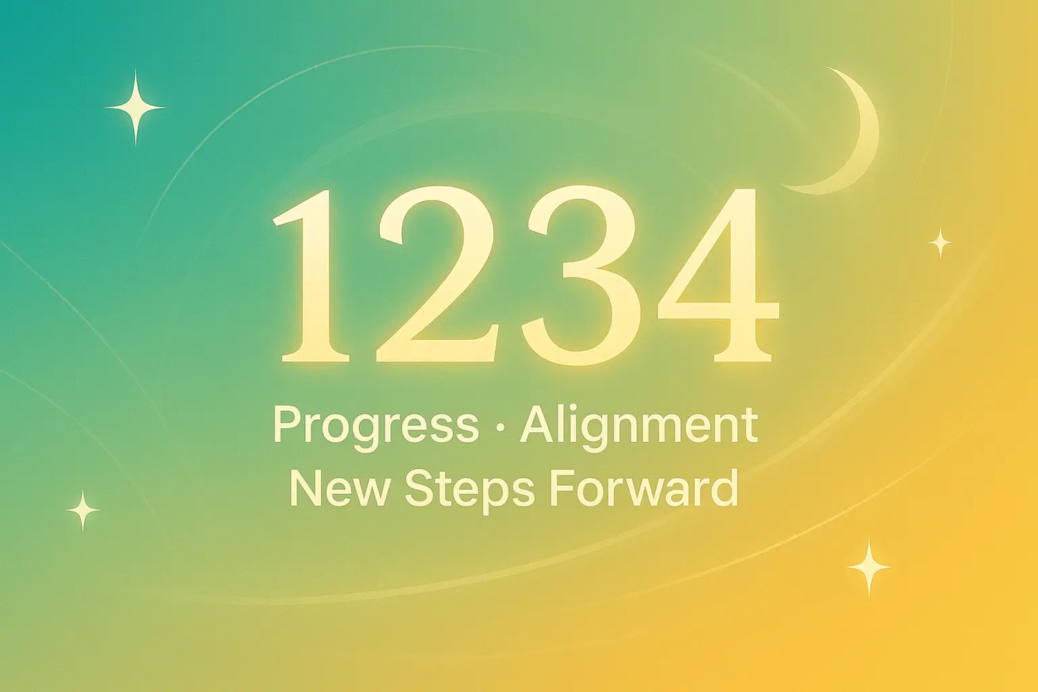 1234 Angel Number with subtitle ‘Progress · Alignment · New Steps Forward’ on a turquoise-gold gradient background with stars and a crescent moon