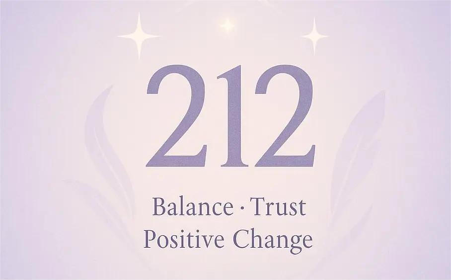 212 Angel Number cover with lavender background, stars, glowing arc, feather leaves, and the words “Balance · Trust · Positive Change”.