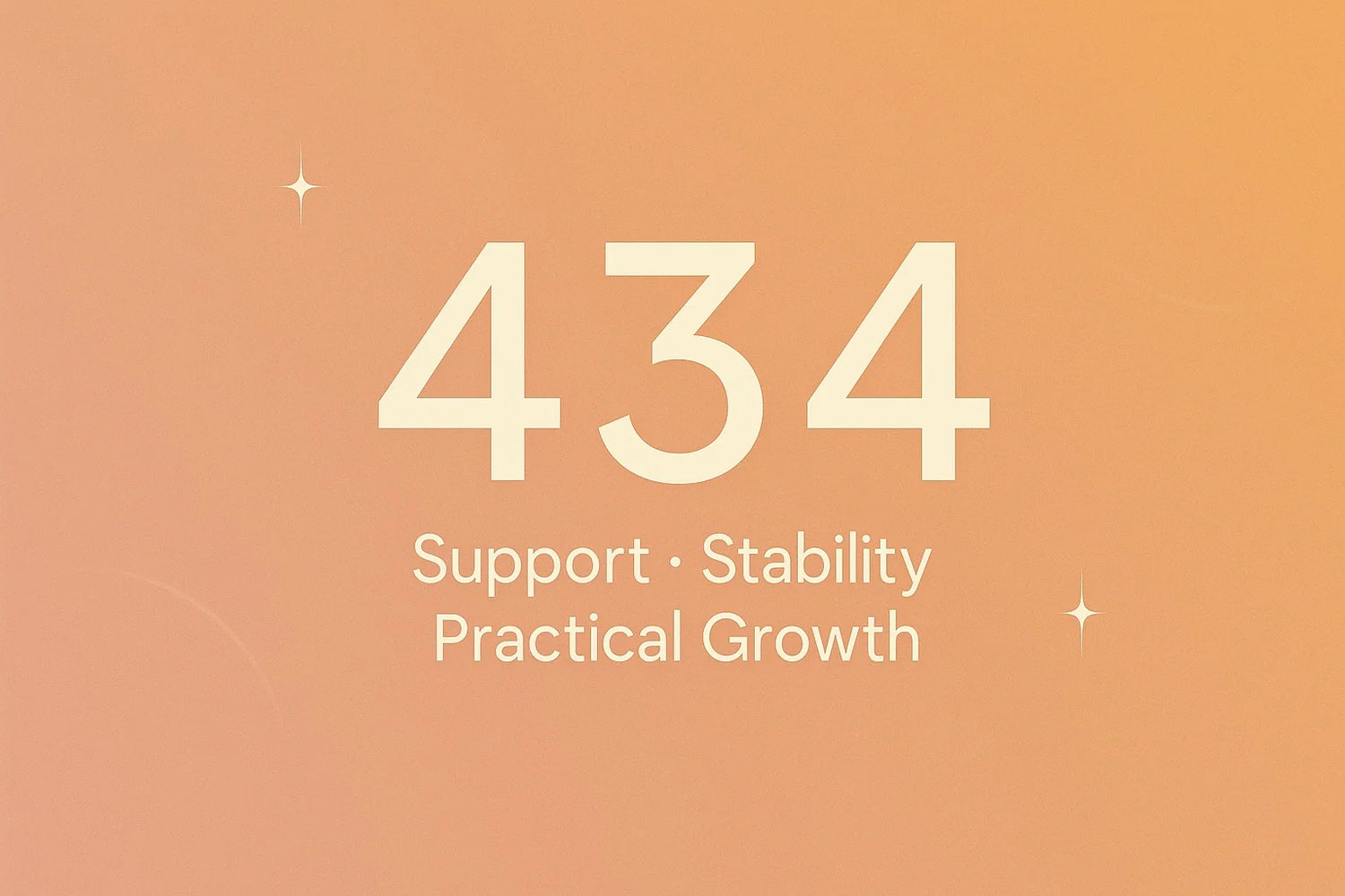 434 Angel Number Meaning cover image with the words “Support, Stability, Practical Growth” on a soft orange background with subtle gold star accents.