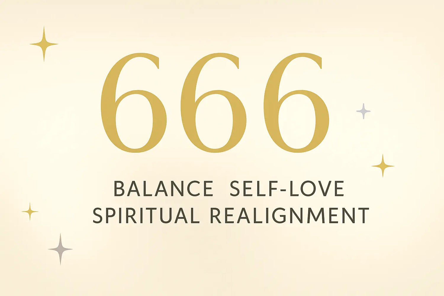 Angel number 666 meaning with keywords balance, self-love, and spiritual realignment on a soft gold and lavender-gray background with glowing stars — symbolic visual for inner peace, emotional healing, and energetic harmony blog content.