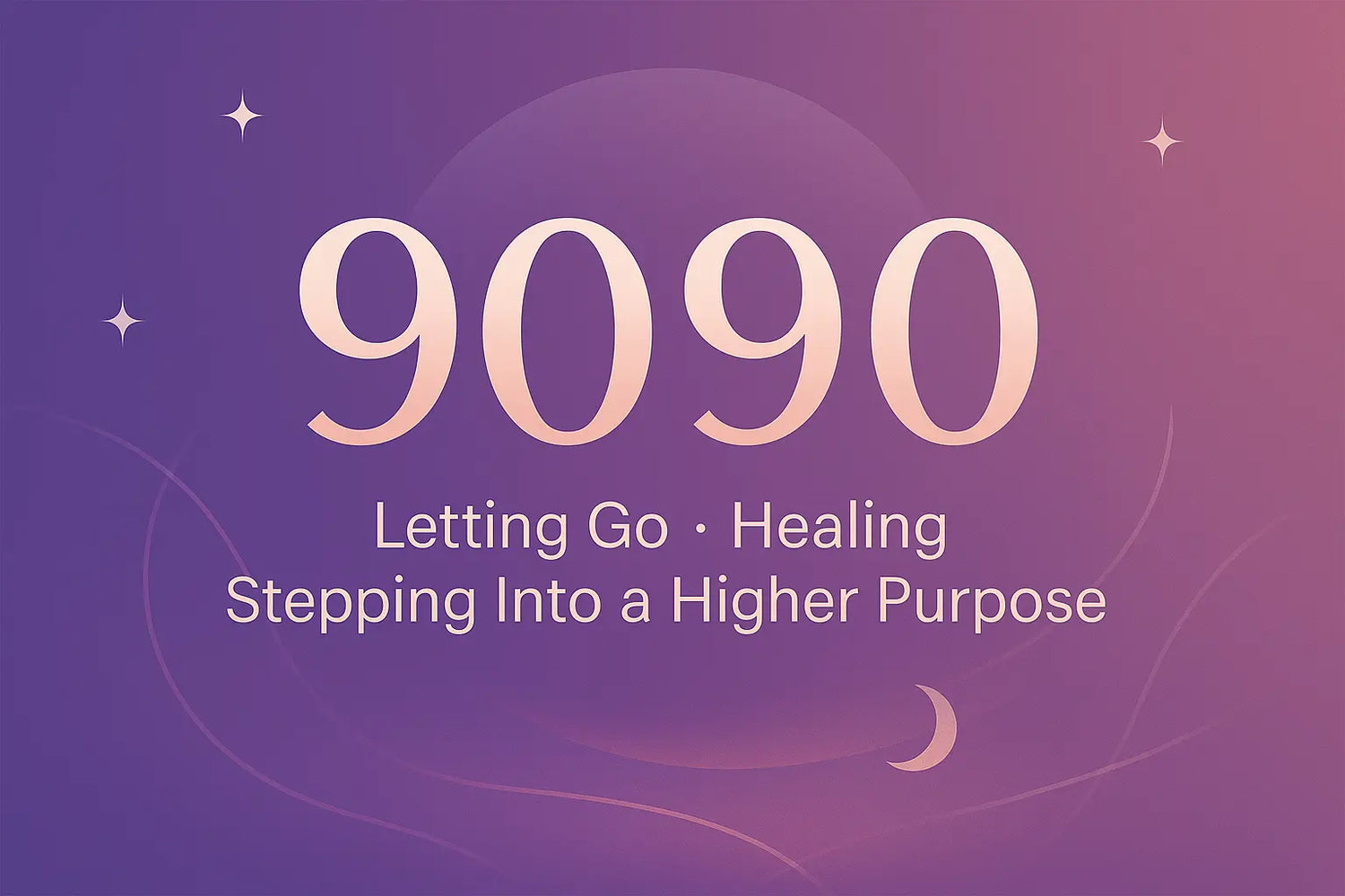9090 Angel Number on a purple–rose gradient background with soft stars and a crescent moon.