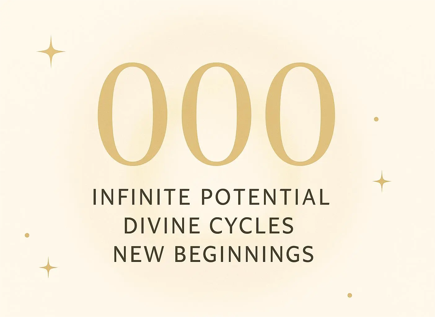 Angel number 000 meaning with keywords infinite potential, divine cycles, and new beginnings on a light cream background with golden stars.