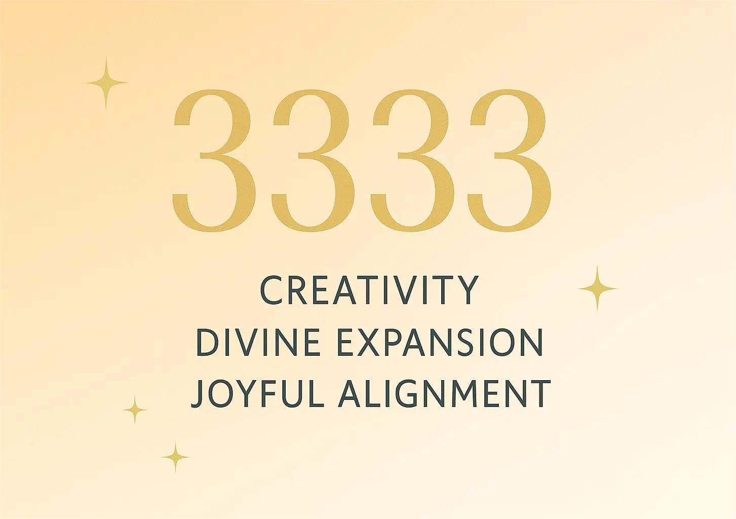 Angel number 3333 meaning with keywords creativity, divine expansion, and joyful alignment on a golden-orange background with soft stars — spiritual and uplifting visual for numerology blog or manifestation article.