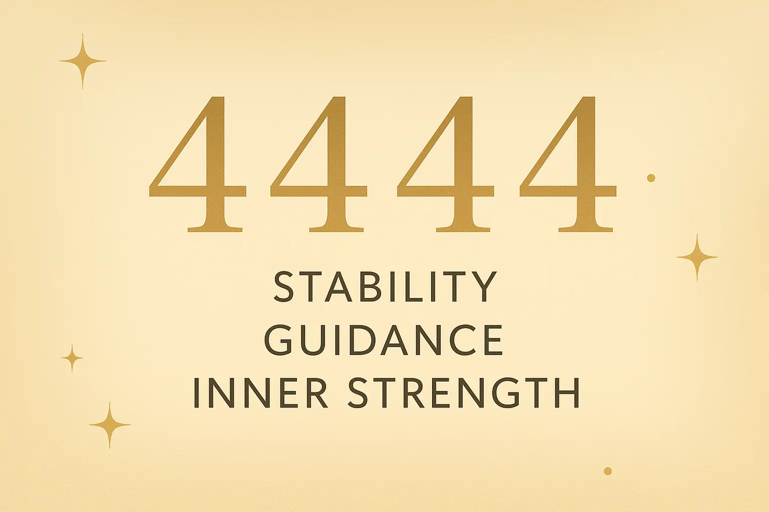 Angel number 4444 meaning illustrated with keywords stability, guidance, and inner strength on a warm beige-gold gradient background with glowing stars — a grounding spiritual visual for numerology or manifestation blog.