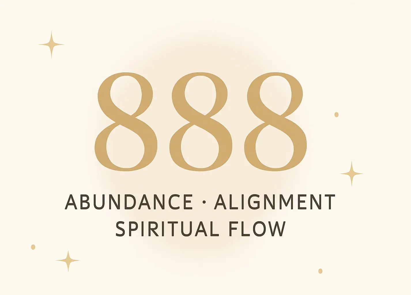 Angel number 888 meaning with keywords abundance, alignment, and spiritual flow on a cream background with golden stars — minimalist design for prosperity and energy alignment themes.