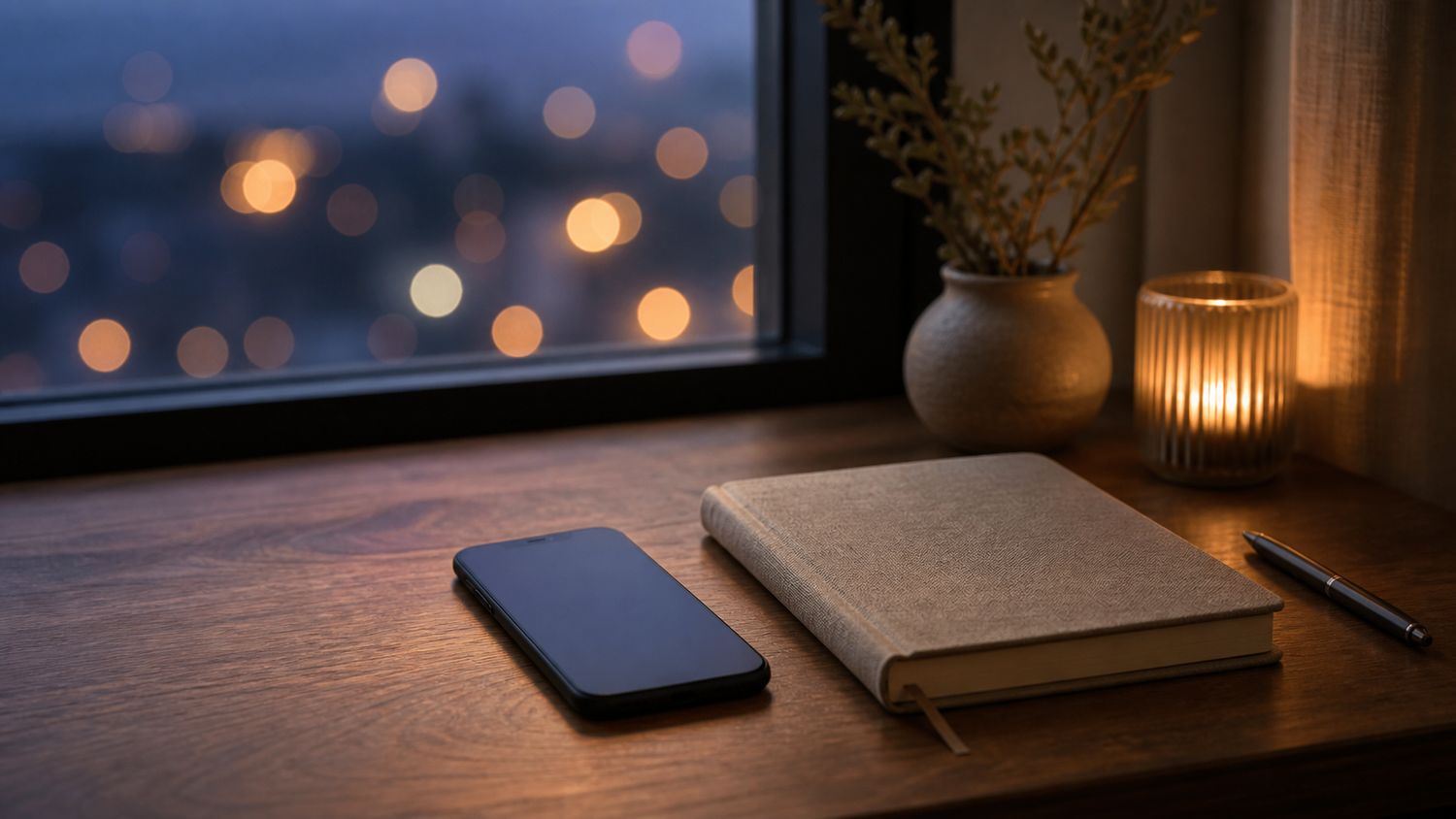 A phone and closed journal rest on a calm desk beneath soft evening lights.