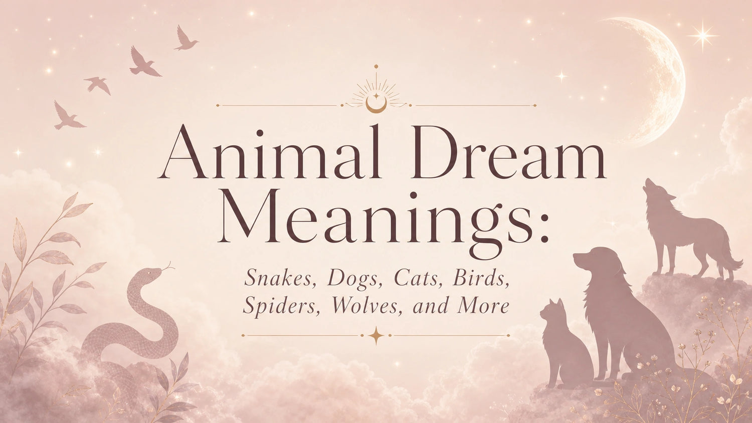 Animal dream meanings with symbolic animals including snake, dog, cat, bird, spider, and wolf