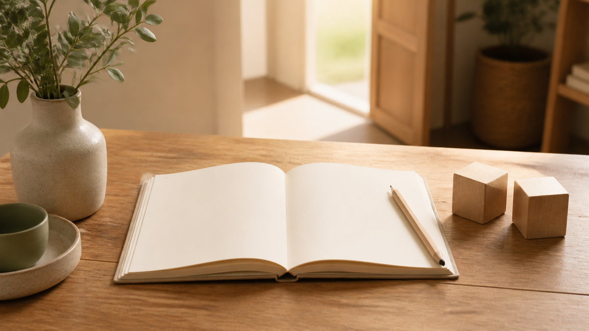 An open blank notebook, pencil, and two plain wooden blocks on a sunlit desk near a doorway.