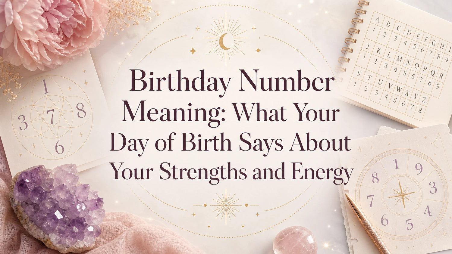 Woman journaling beside numerology notes with birthday number meaning and birth date calculator concept