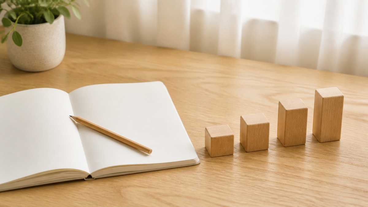 Four small wooden blocks beside an open notebook and pencil in soft natural light.