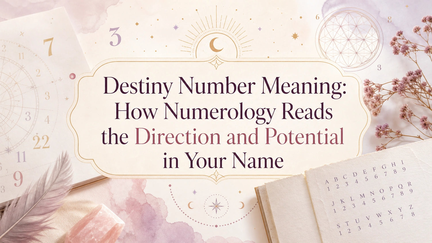 A woman studying a numerology chart with destiny number meaning, name numerology, and spiritual reflection