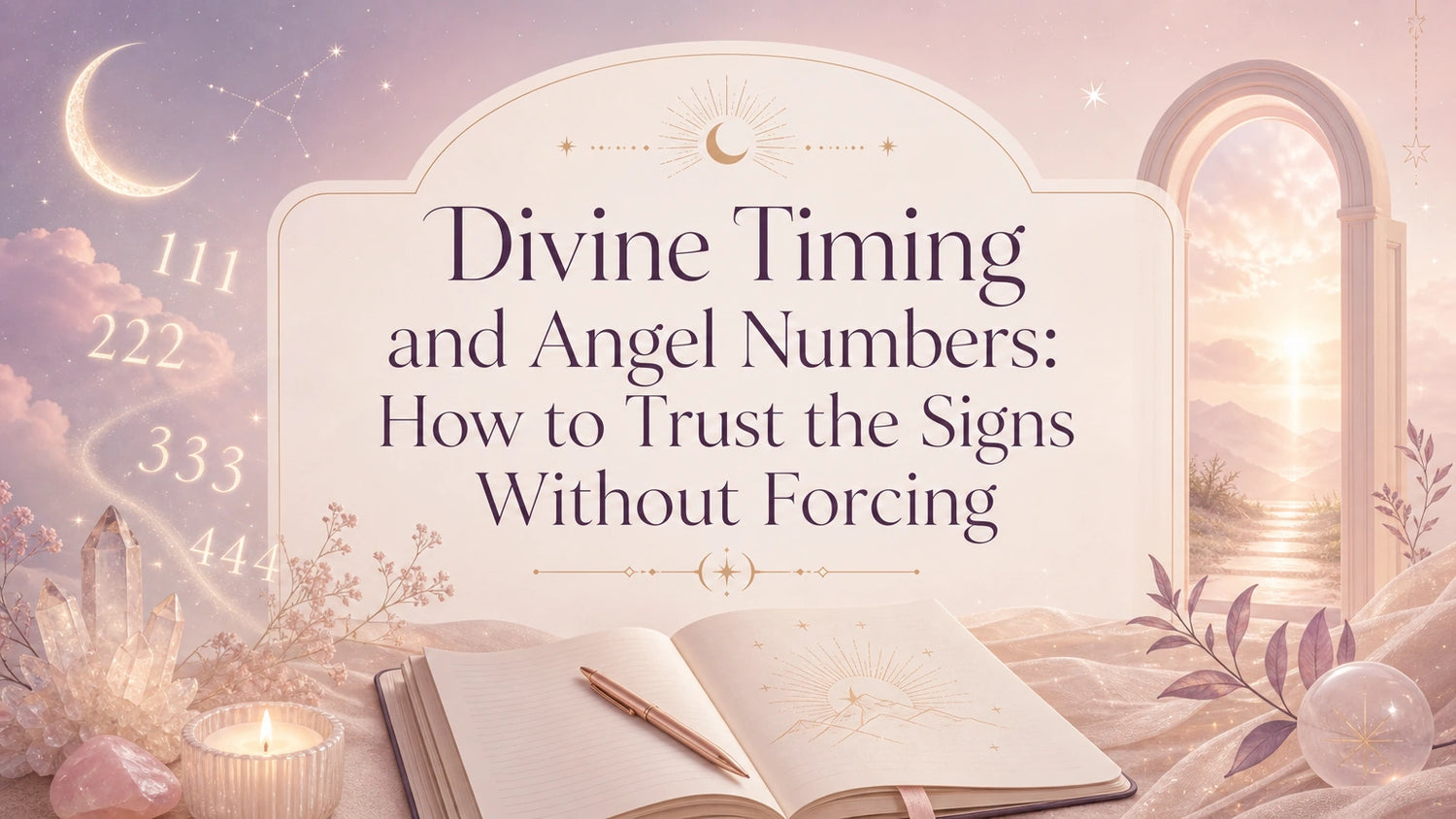 Woman journaling beside a notebook with repeating angel numbers and a calm spiritual candlelight setting