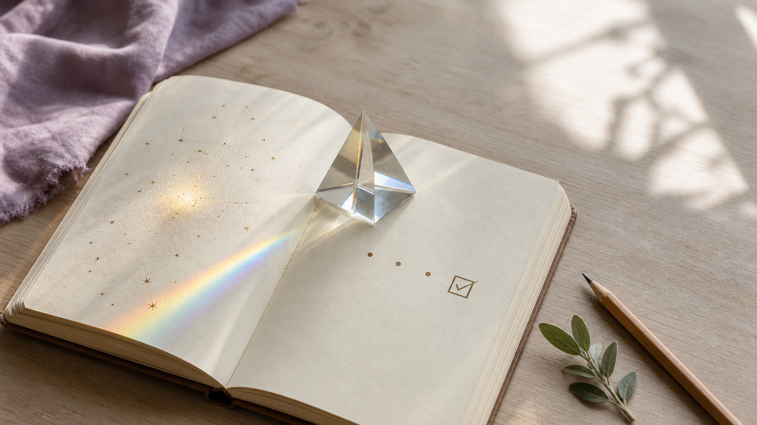Open journal with a star sketch, a simple action path, and prism light, representing spiritual reflection balanced with evidence and practical action.