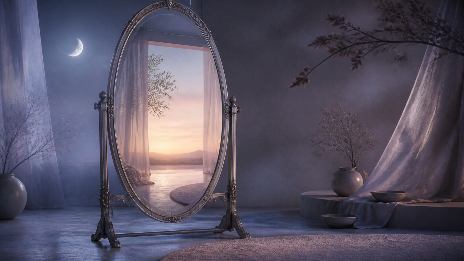 An oval mirror reflects warm dawn light in a quiet blue-violet room.