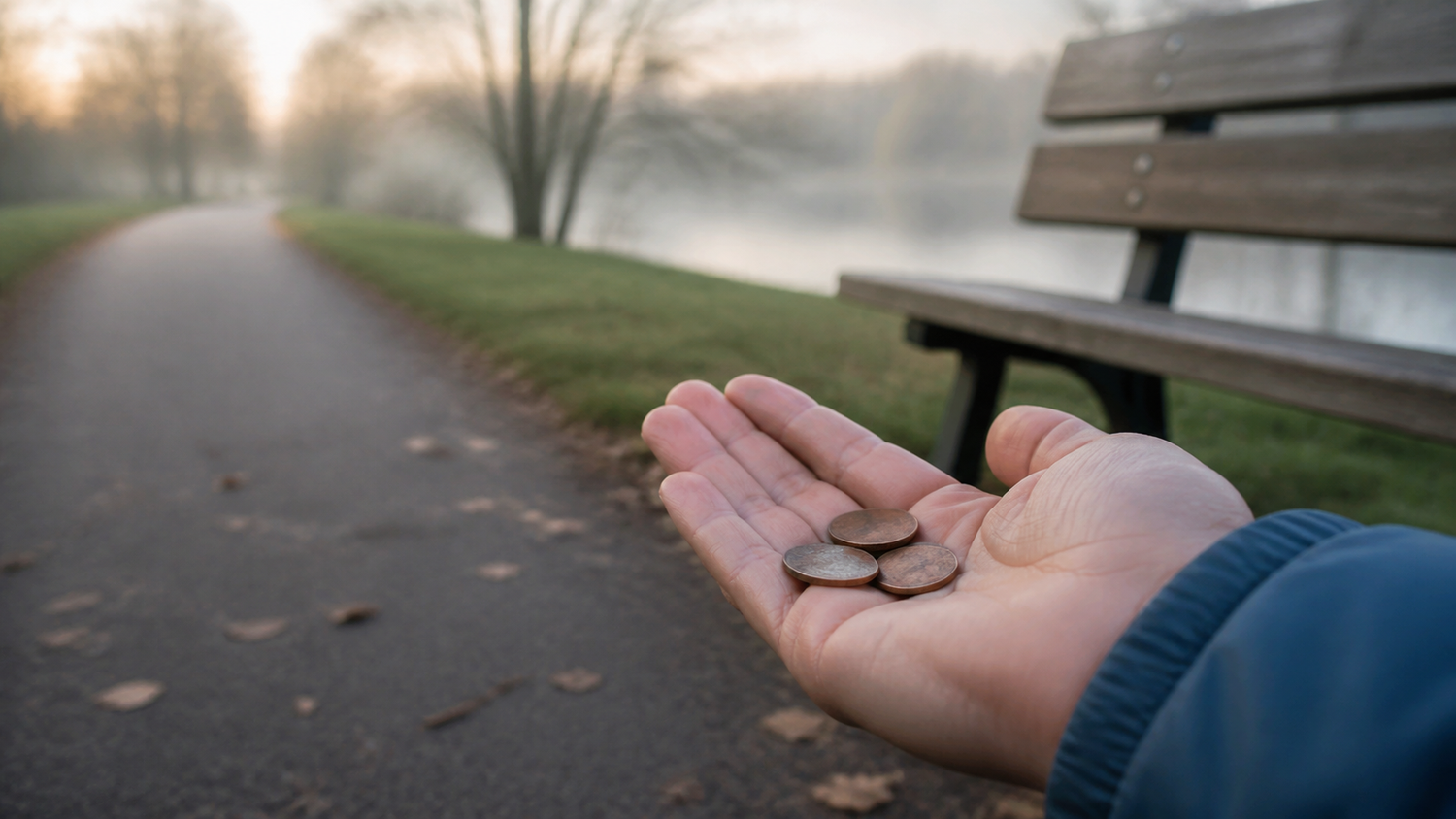 A hand holding a few coins found on a quiet path beside a park bench.