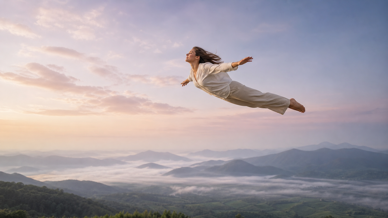 A woman flies peacefully above a misty mountain valley at dawn.