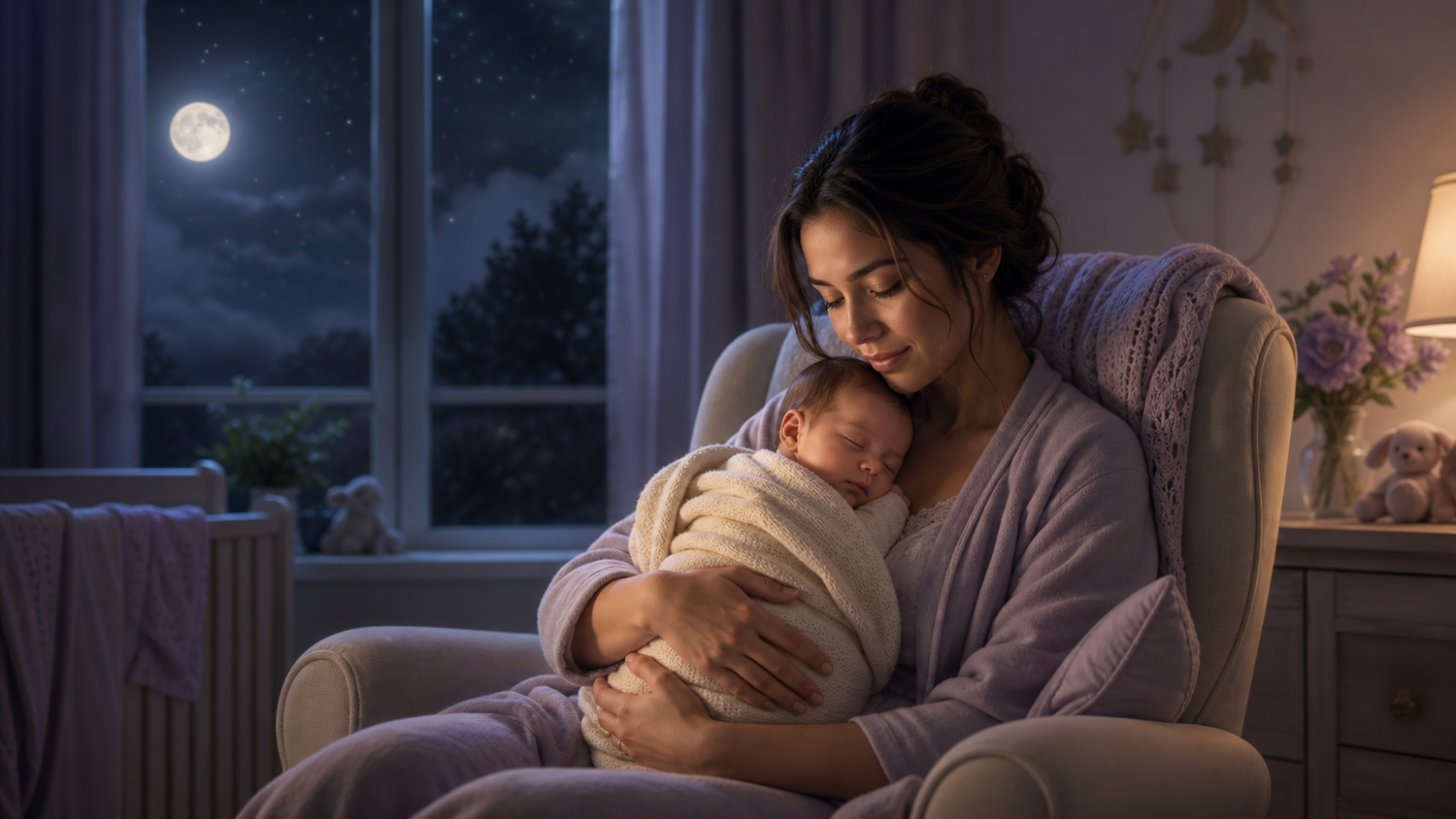 Person safely cradling a swaddled baby in a softly lit room, suggesting care and responsibility in a dream.