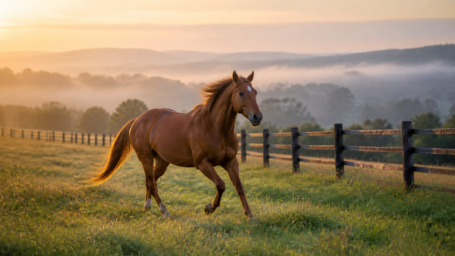 Chestnut horse cantering through an open field beside a wooden fence at dawn.