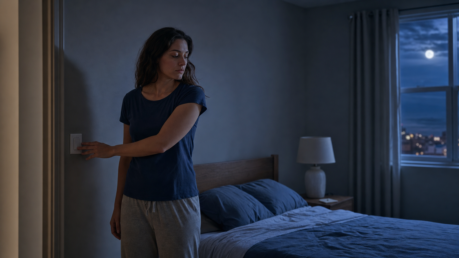 A woman presses a wall light switch beside an unlit lamp in a moonlit room.