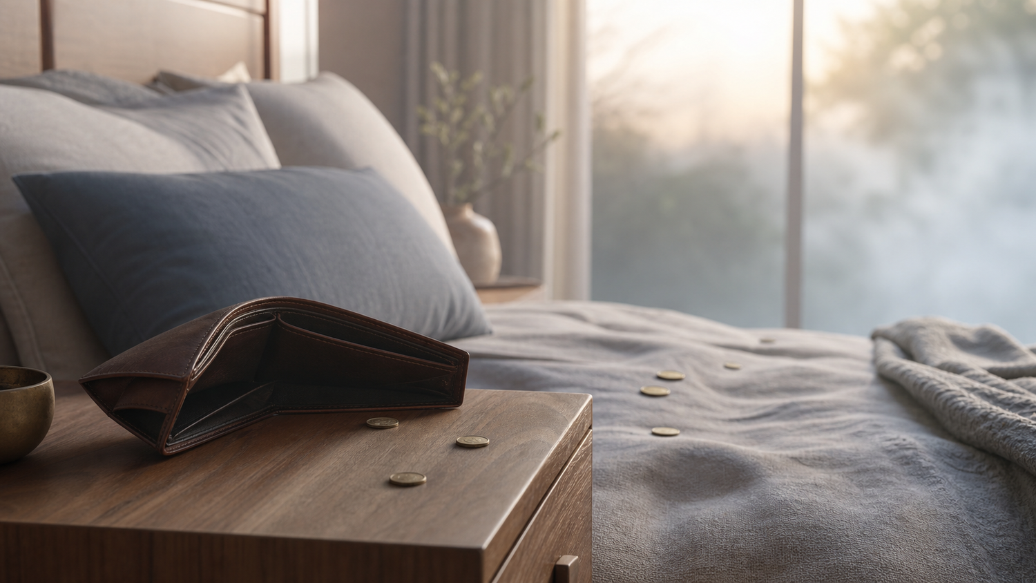 An open wallet and scattered coins on a bedside table in soft morning light