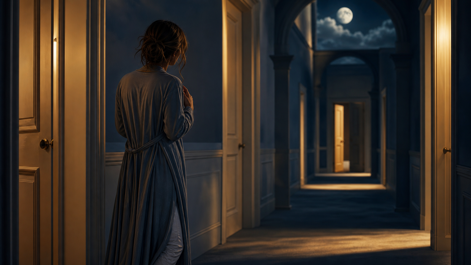 A woman searches a moonlit corridor lined with many softly glowing doors.