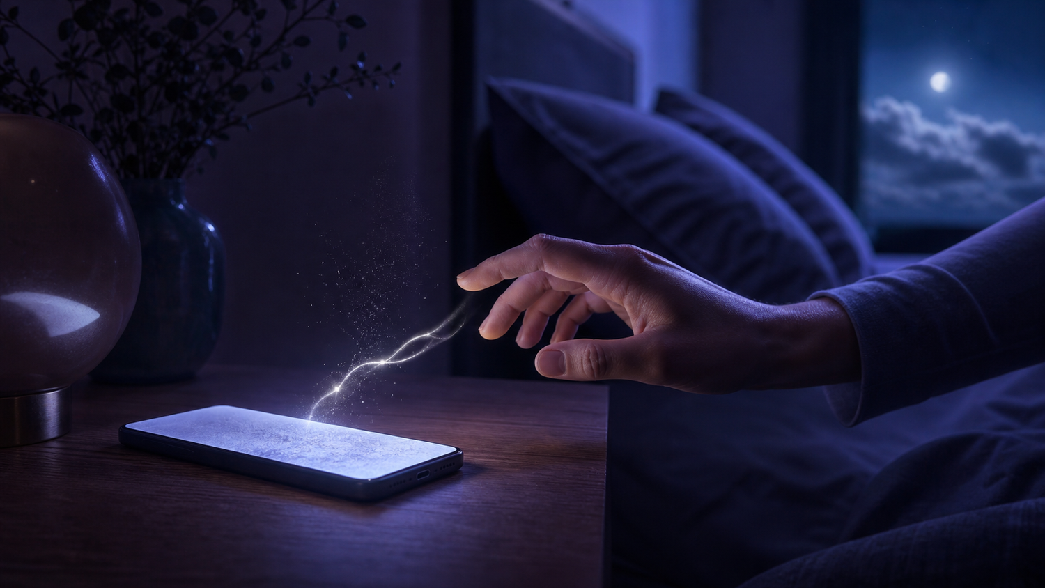 A hand reaches toward an unresponsive phone in a moonlit bedroom.