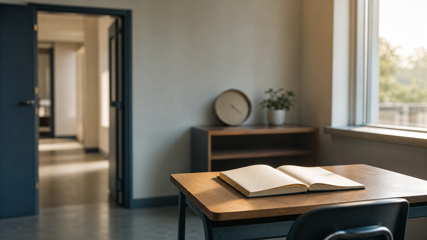 Quiet sunlit classroom with an open notebook, representing reflection on school dreams.
