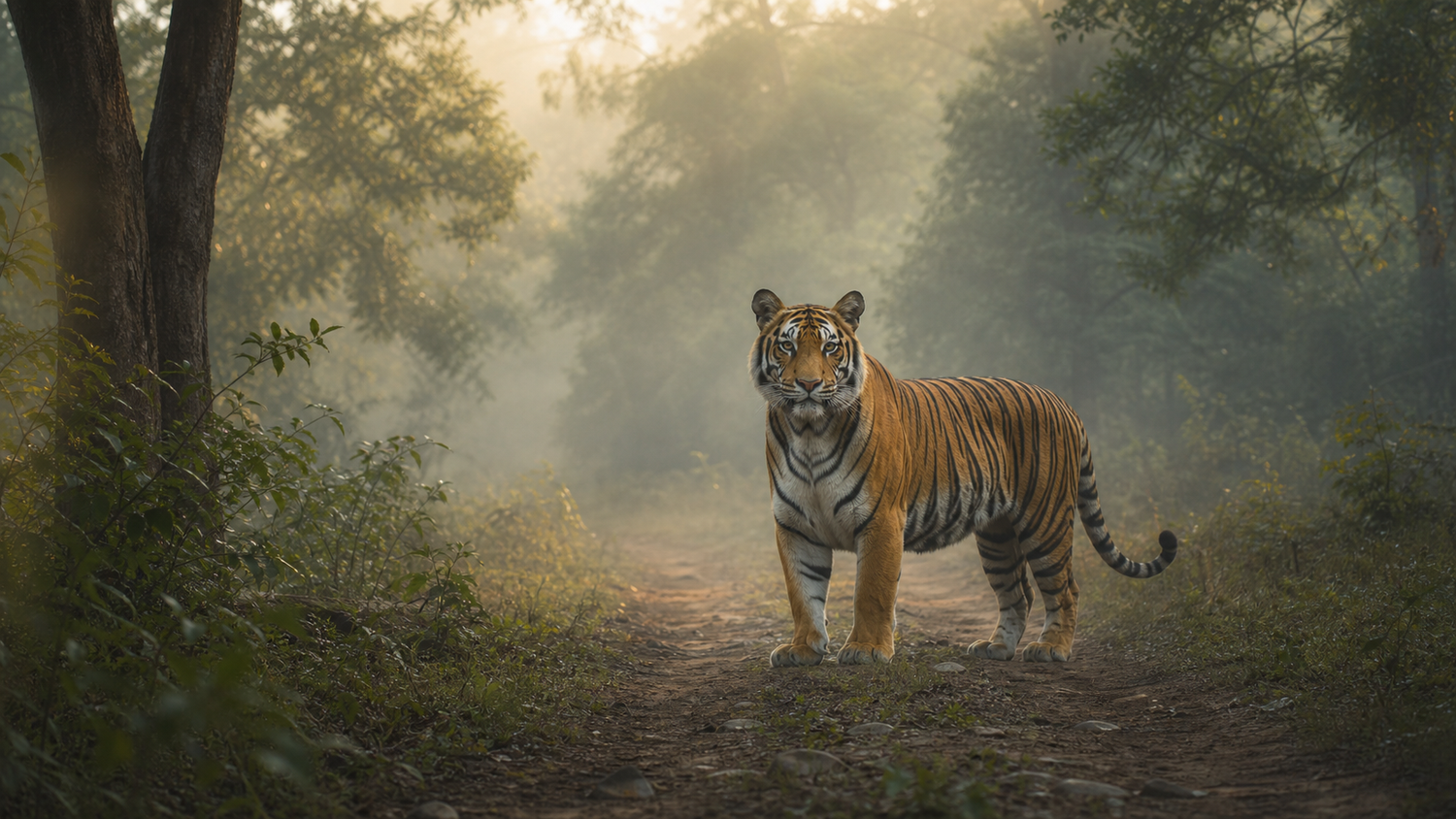 A calm Bengal tiger stands on a misty forest path at dawn.