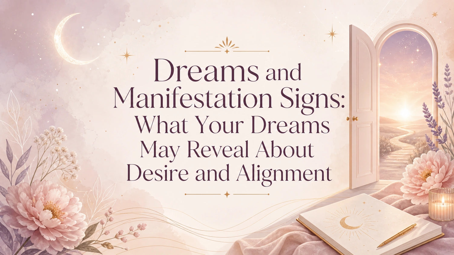 Woman journaling dream symbols beside a notebook and candle, illustrating dreams and manifestation signs