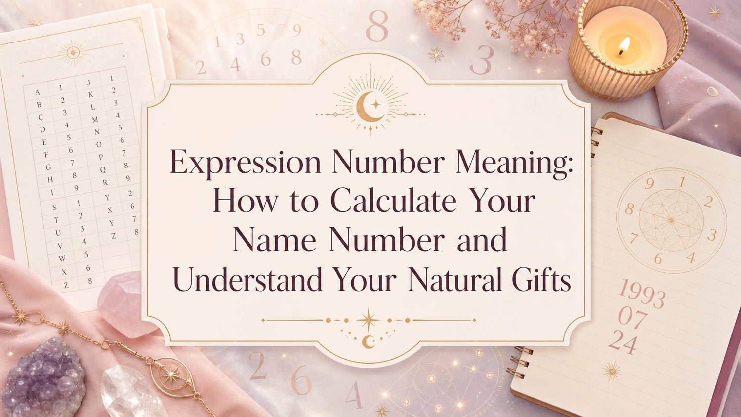 Woman reading about expression number meaning and name numerology with a numerology chart and handwritten notes