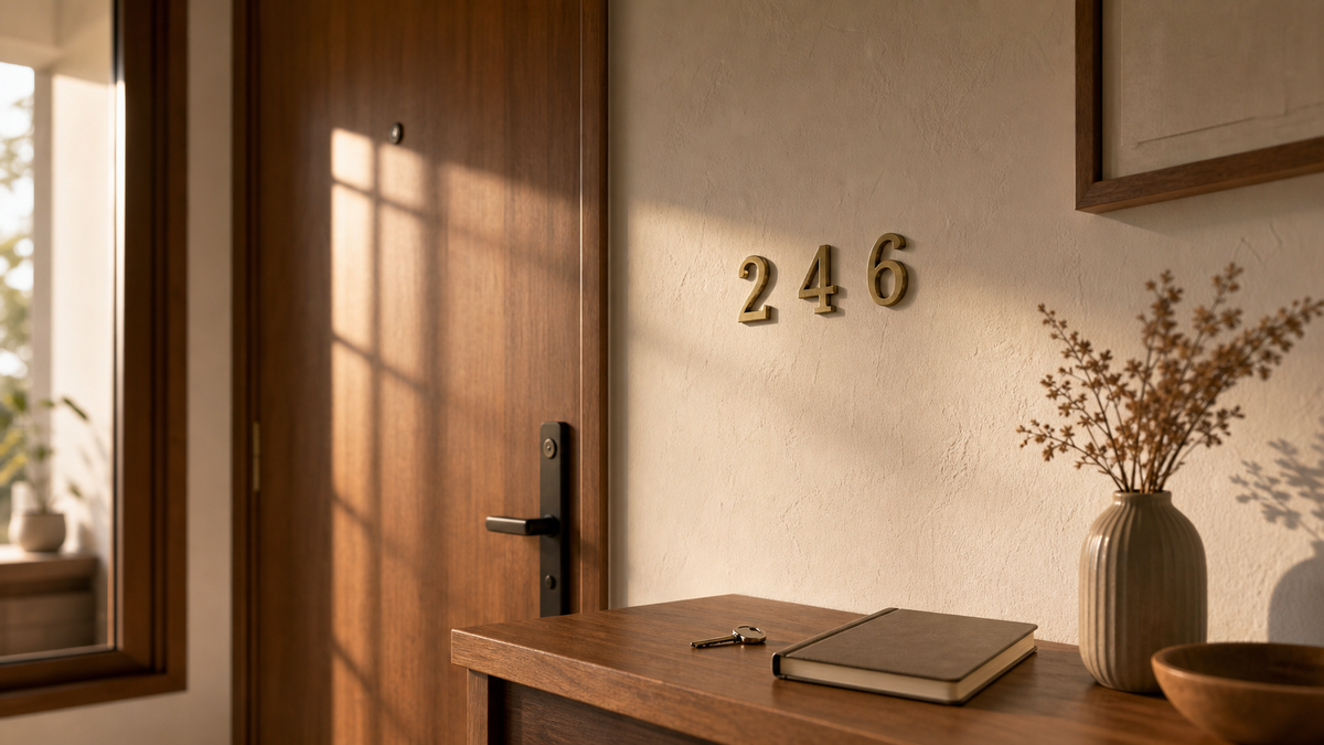 A warm entryway with brass address numbers, a key, and a plain notebook on a small table.