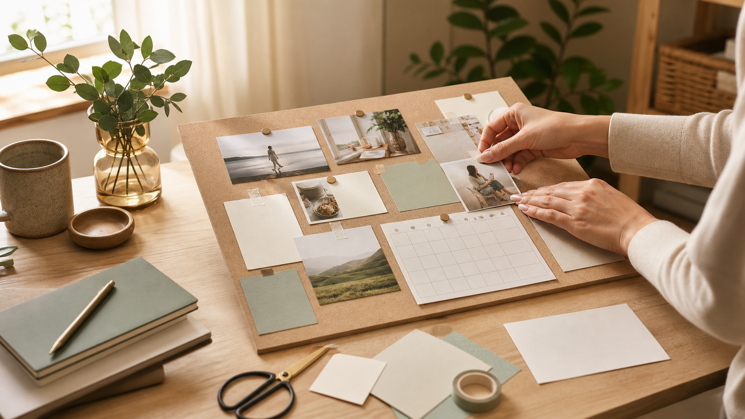 Hands arrange images and action cards on a practical vision board beside scissors, tape, and a pen.