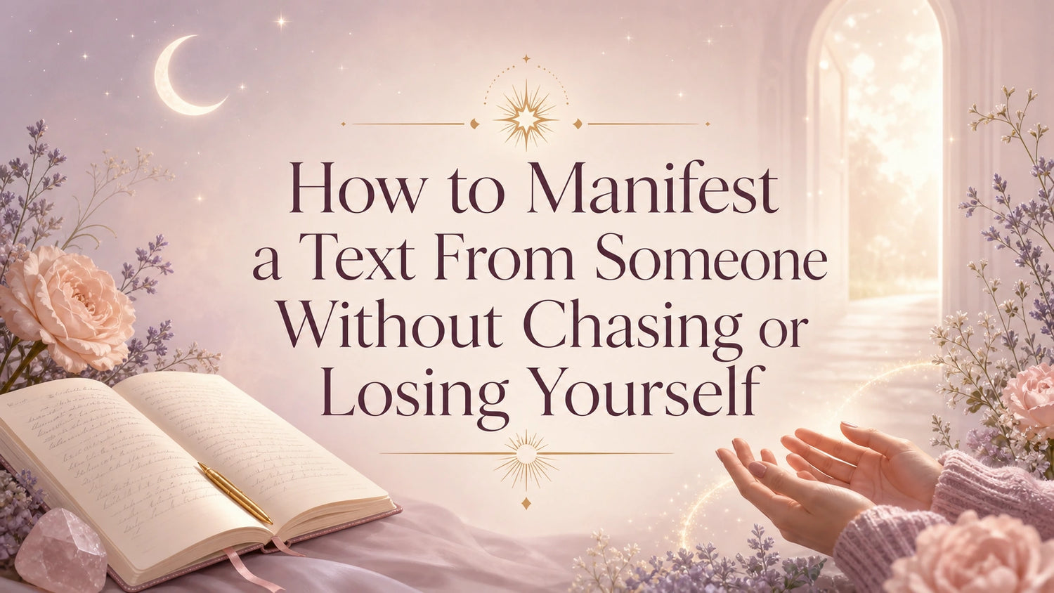 Woman journaling and looking at her phone with a calm, grounded expression while learning how to manifest a text from someone