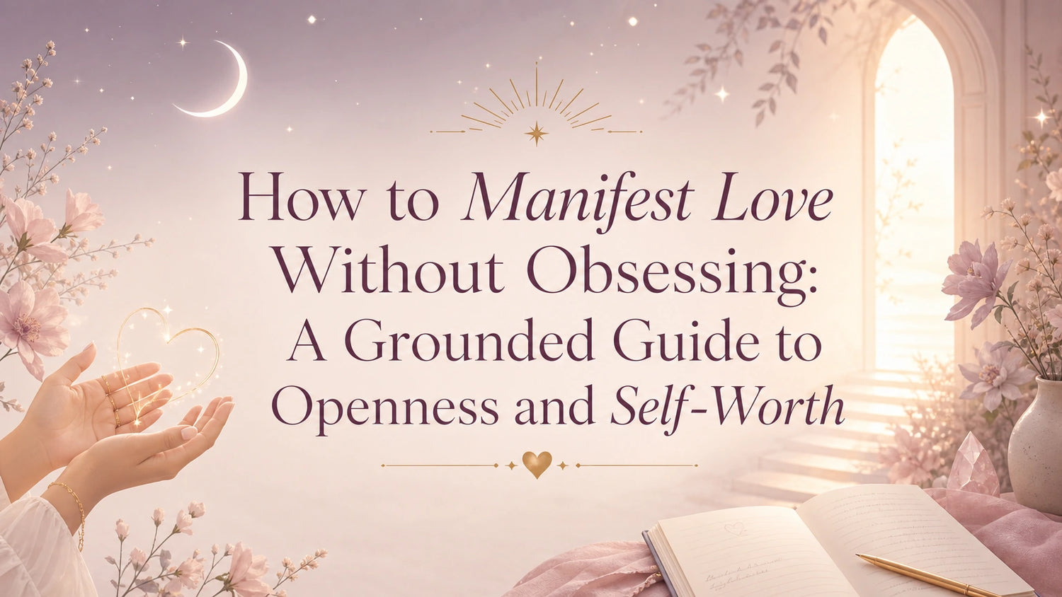 Woman journaling about love manifestation in a calm, grounded setting with tea, flowers, and soft natural light