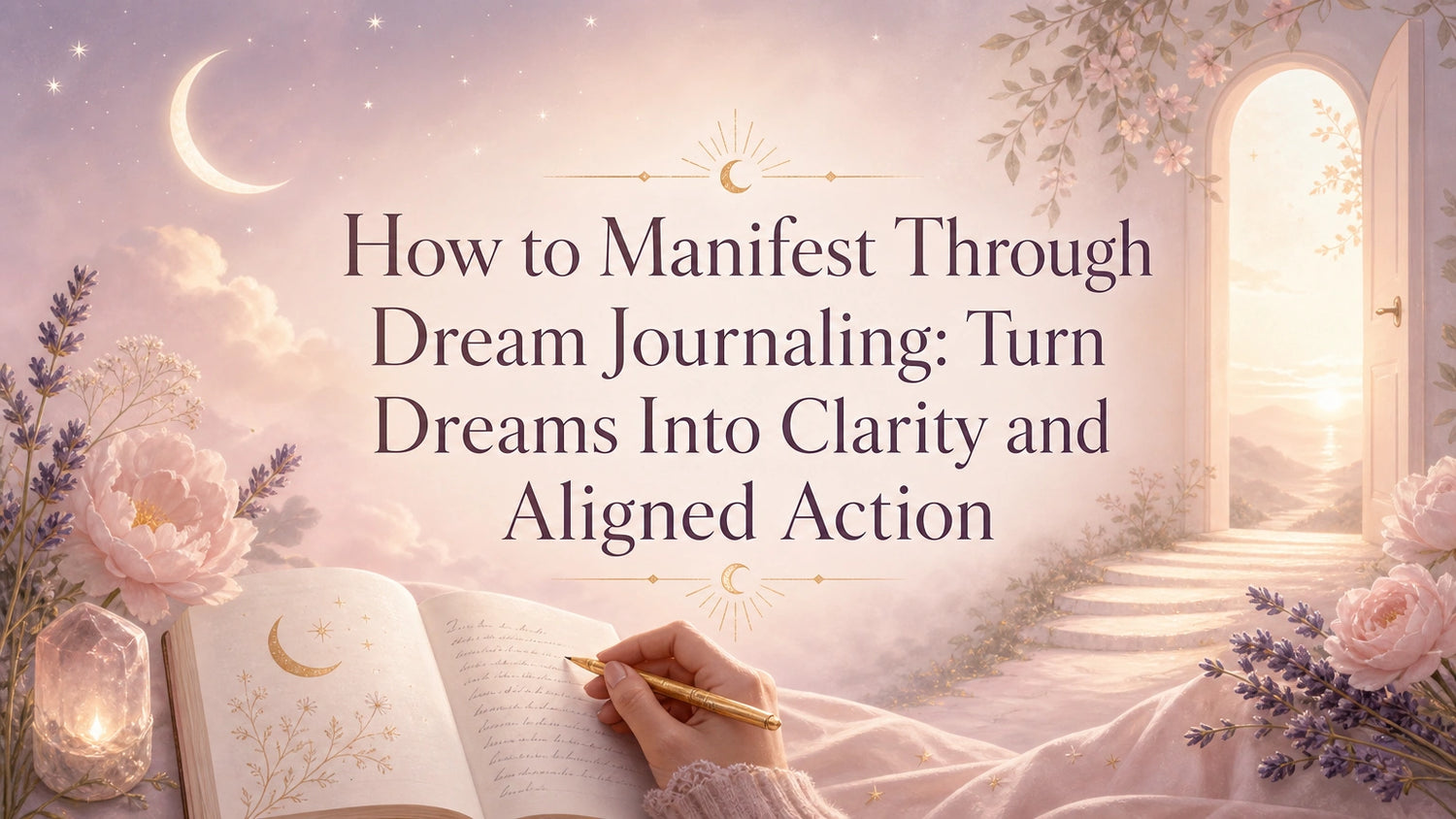 Woman journaling beside a bedside notebook with soft morning light, representing dream journaling manifestation and intuitive reflection