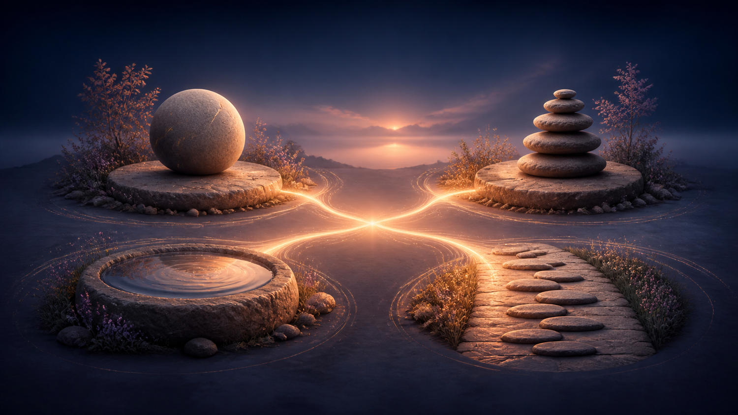 Four illuminated stone forms connected by warm light on an indigo landscape.