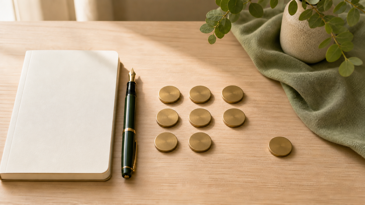 A blank notebook beside nine brass discs with one set apart from an incomplete grid.