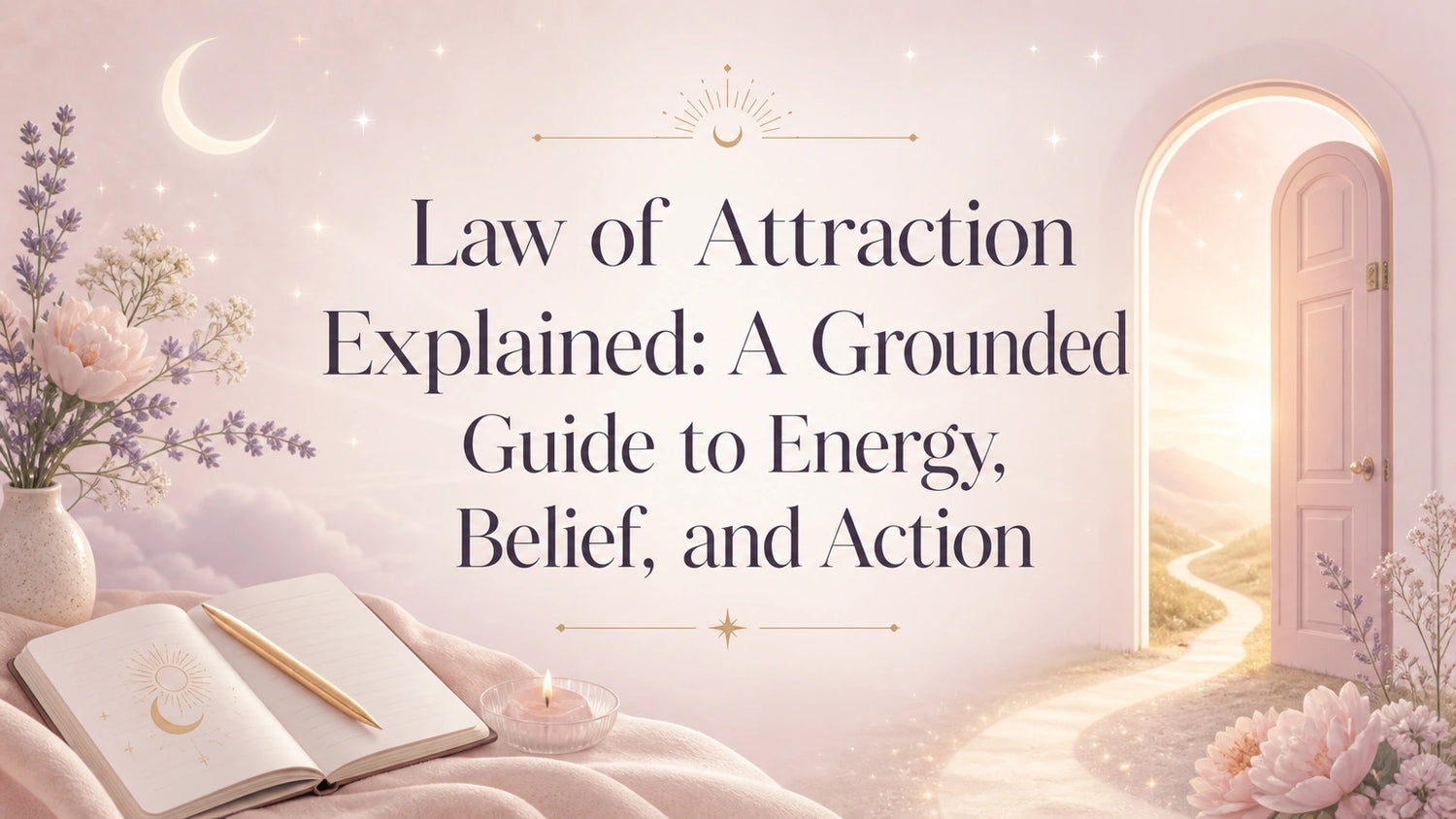 Woman journaling with candles and a calm spiritual workspace representing law of attraction explained in a grounded way