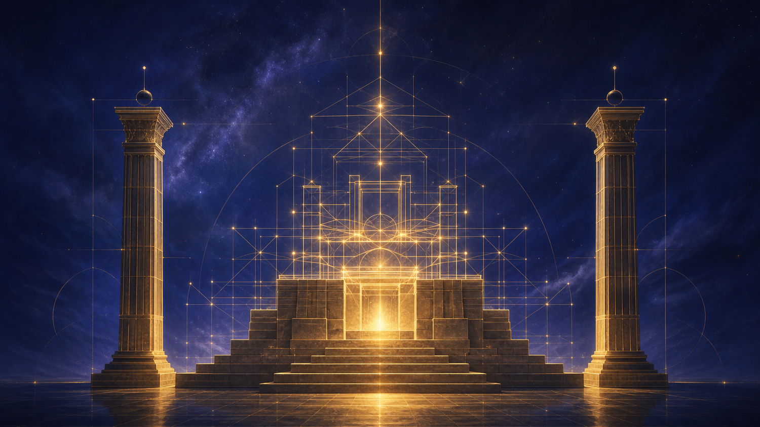 Abstract luminous geometric structure in indigo and brass, symbolizing vision shaped by practical foundations.