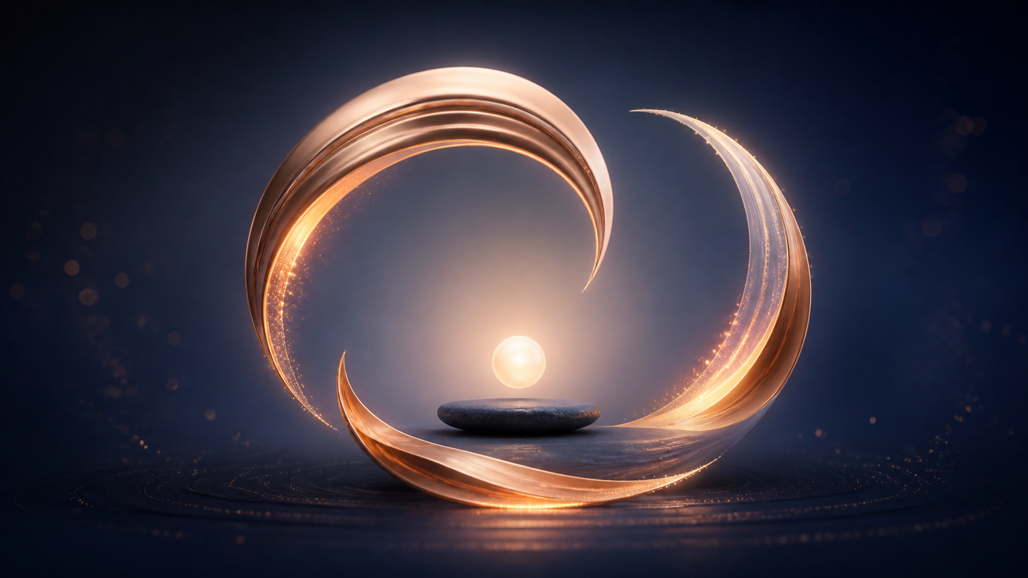 Three rose-gold arcs surround a warm light above a grounded stone on an indigo background.