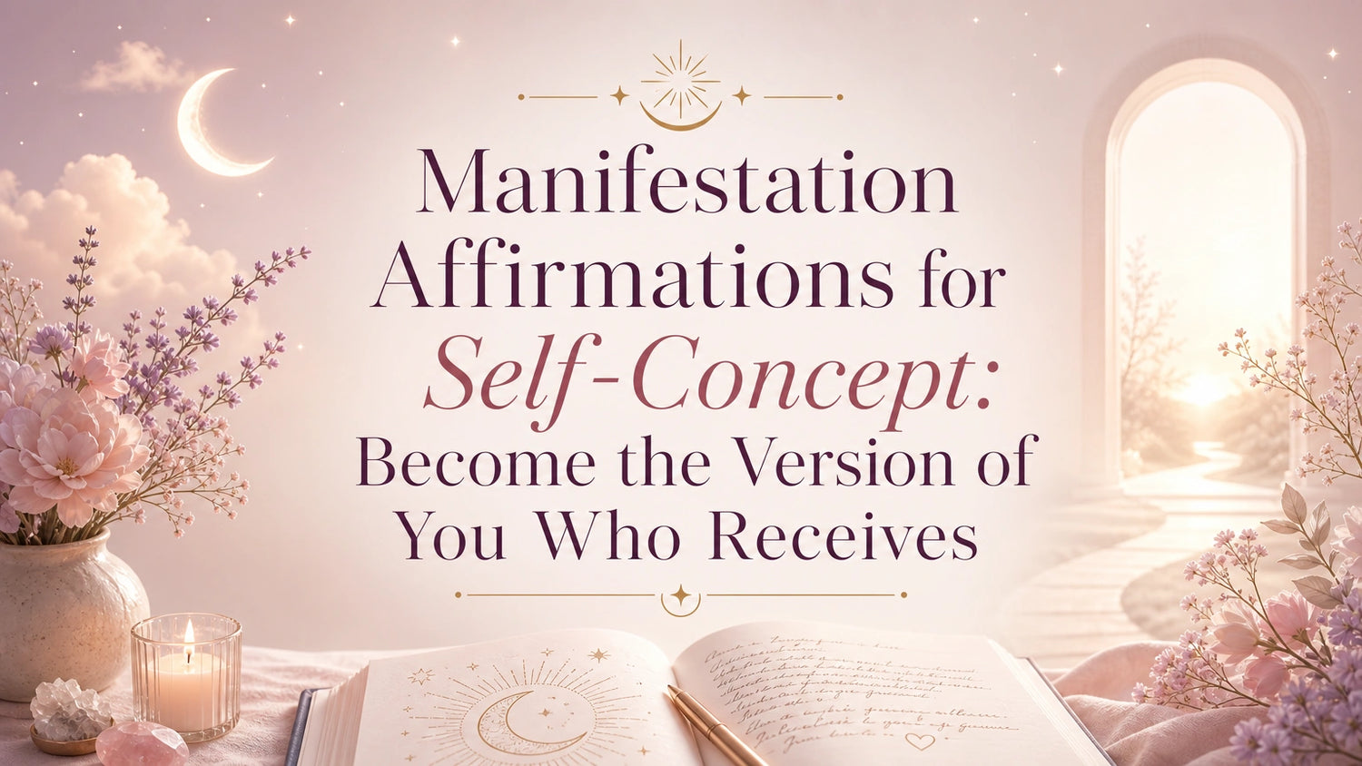 Woman journaling manifestation affirmations for self concept beside a candle and notebook