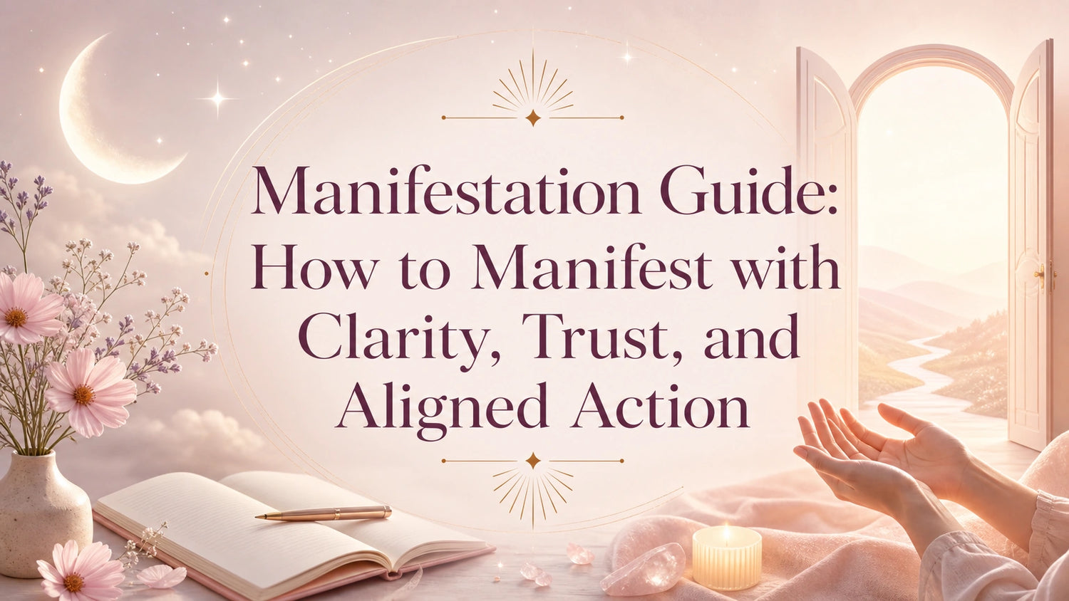 A woman journaling with candles and a calm morning light, representing a grounded manifestation guide
