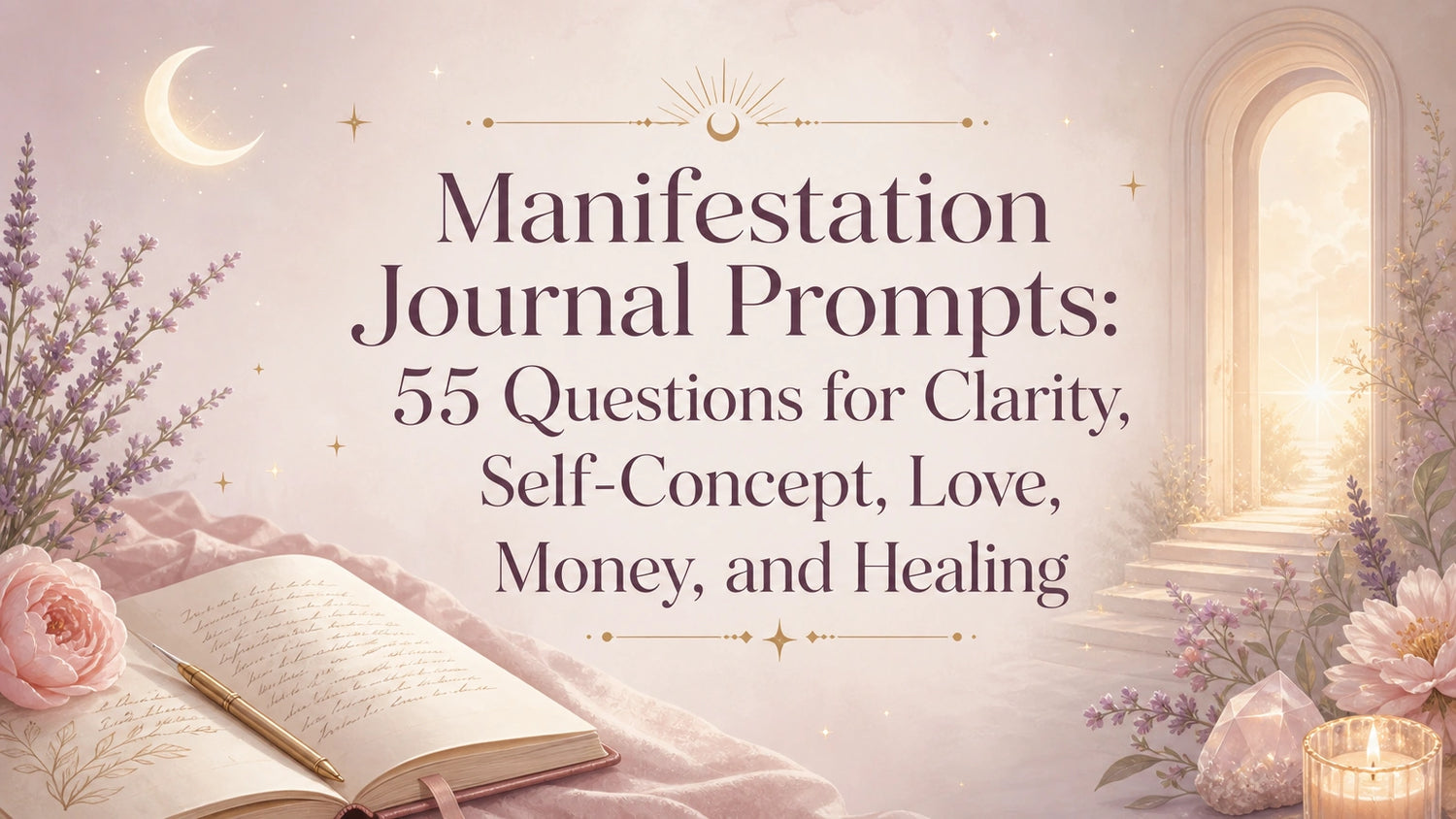 Woman journaling manifestation prompts with tea and a candle in a calm, grounded setting
