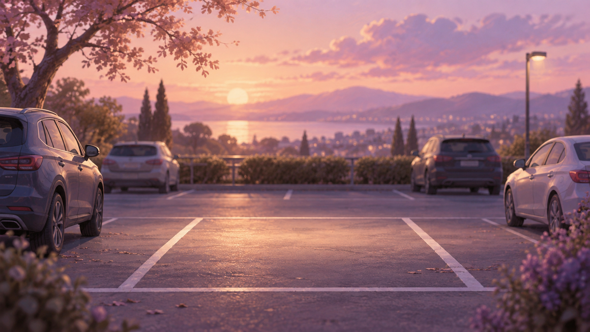 An empty parking space between parked cars at dusk.