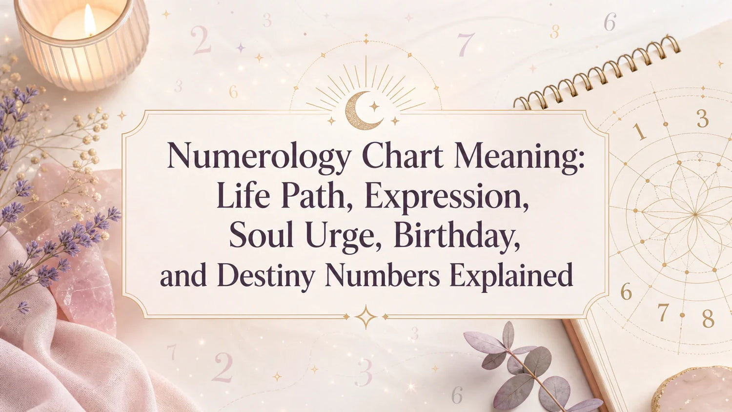 A woman studying a numerology chart with numbers, meaning sections, and a notebook for spiritual self-discovery