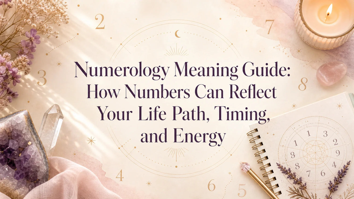 Woman reflecting on numerology meaning with number symbols, journal, and spiritual guidance